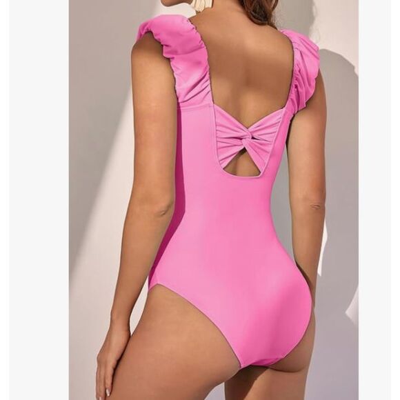 NEW Eomenie Pink Swimsuit Puff Sleeve One Piece Large NWT Removable Cups - Picture 2 of 6